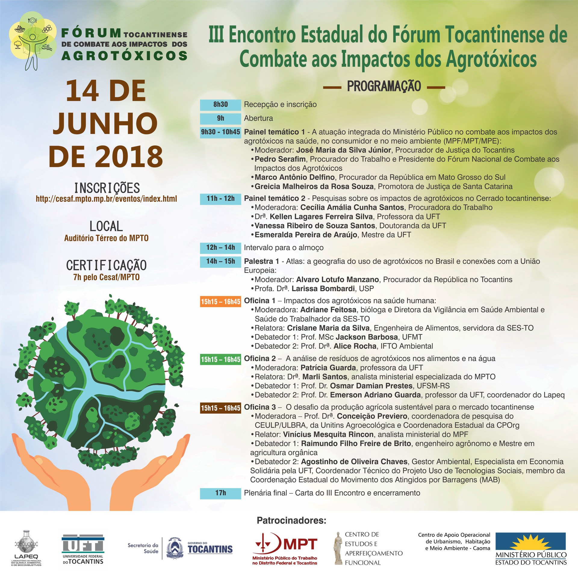 Programação do III Encontro Estadual do Fórum Tocantinense de Combate aos Impactos dos Agrotóxicos