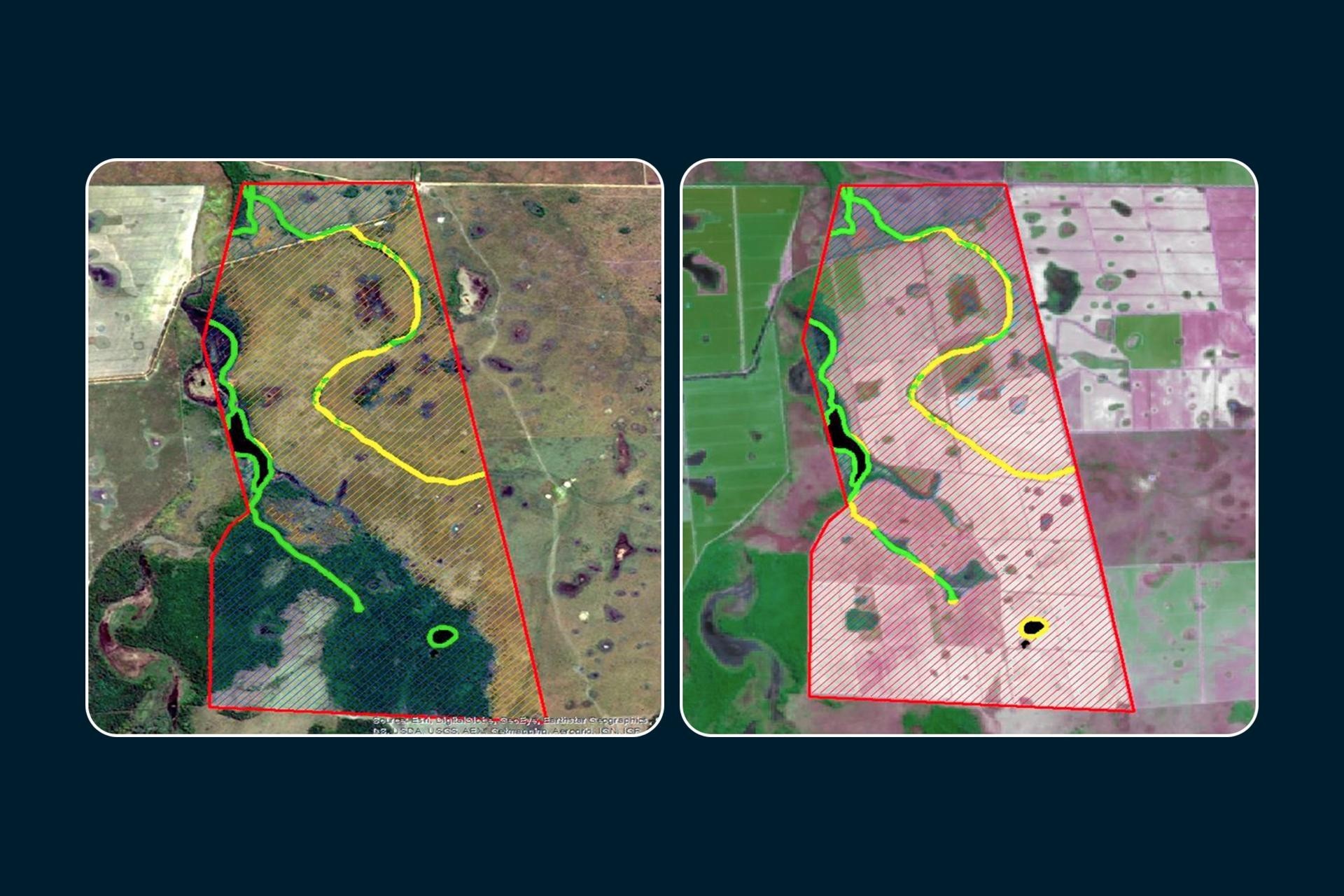 Imagens de satélite mostram o antes (à esq.) e o depois (à dir.) de uma das áreas desmatadas