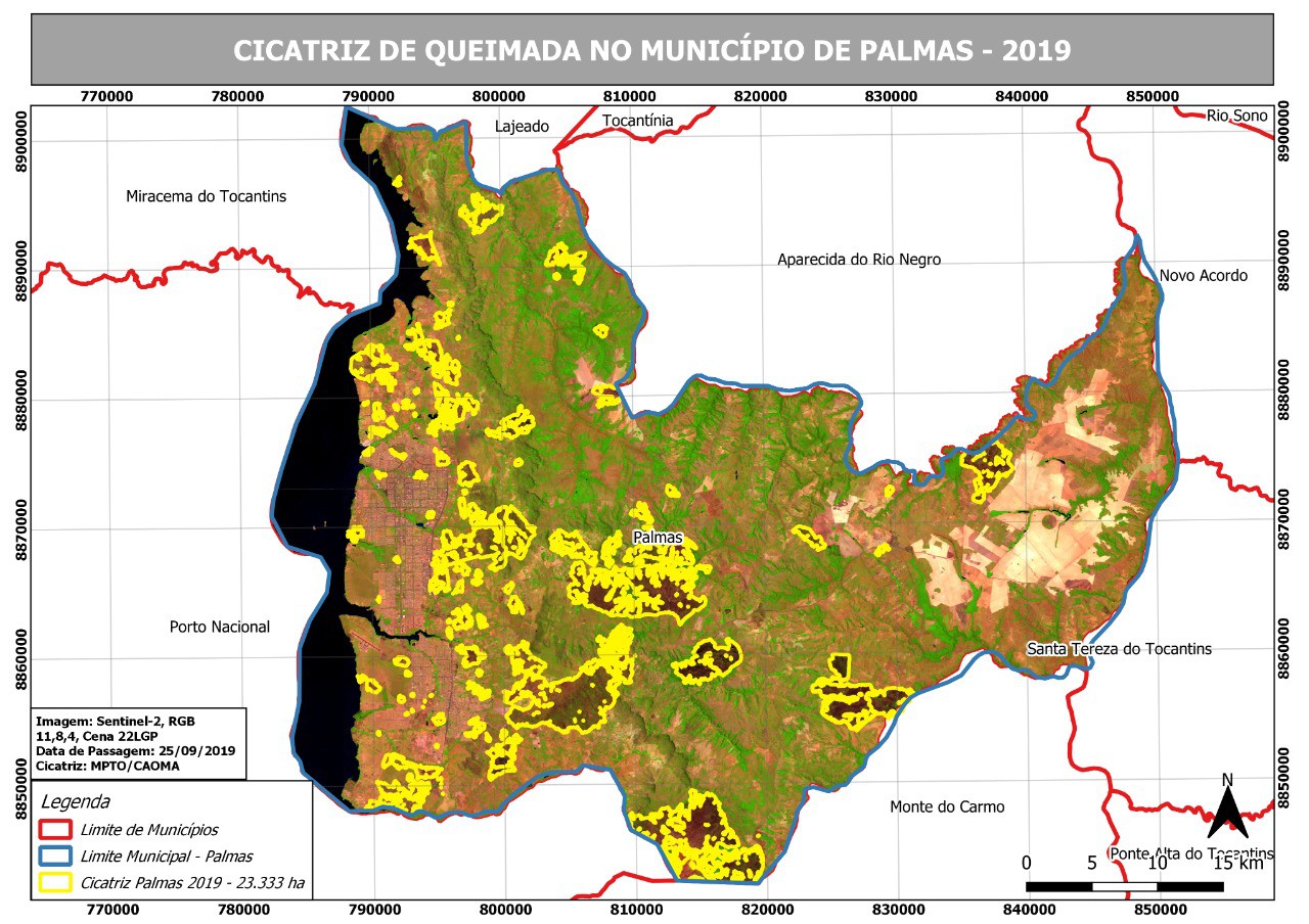 Imagem de satélite de Palmas, com focos de fogo destacados em amaralo