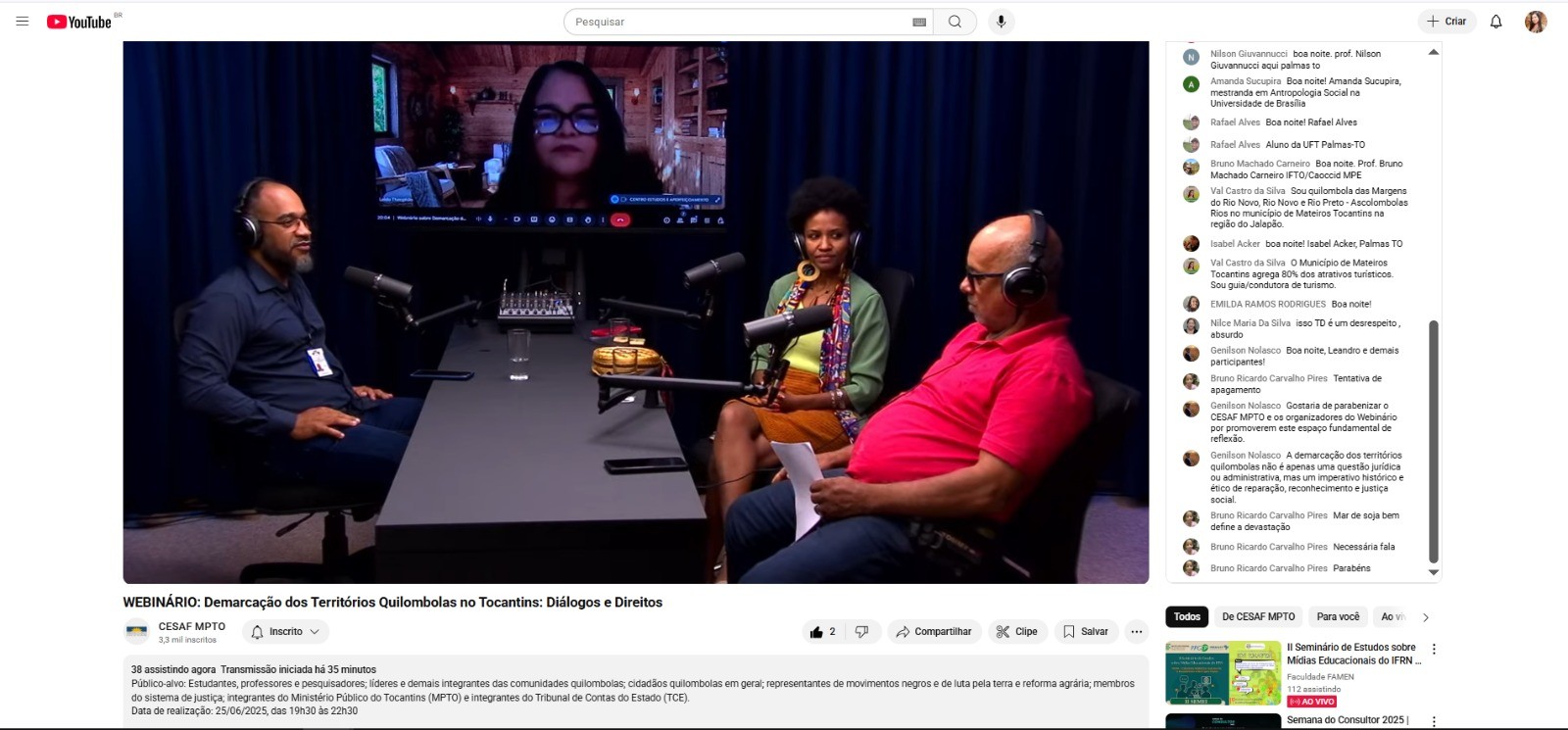 O webinário reuniu especialistas, representantes de comunidades e membros de órgãos públicos para discutir a situação fundiária e os conflitos territoriais que afetam os quilombolas no estado