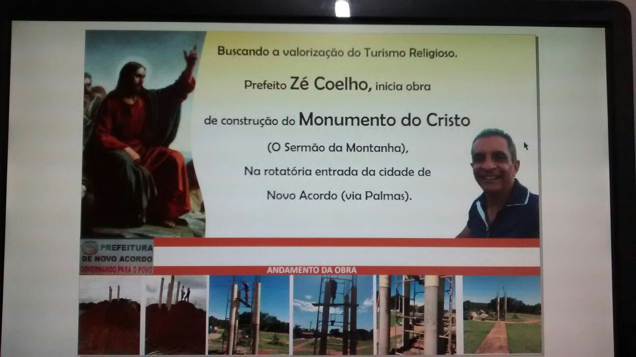 Notícia veiculada pelo gestor, na internet, informando que a finalidade do monumento e do pórtico é “buscar a valorização do turismo religioso\" 