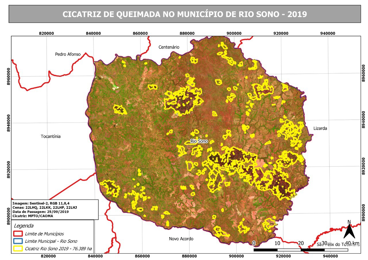 Imagem de satélite de Rio Sono, com focos de fogo destacados em amaralo