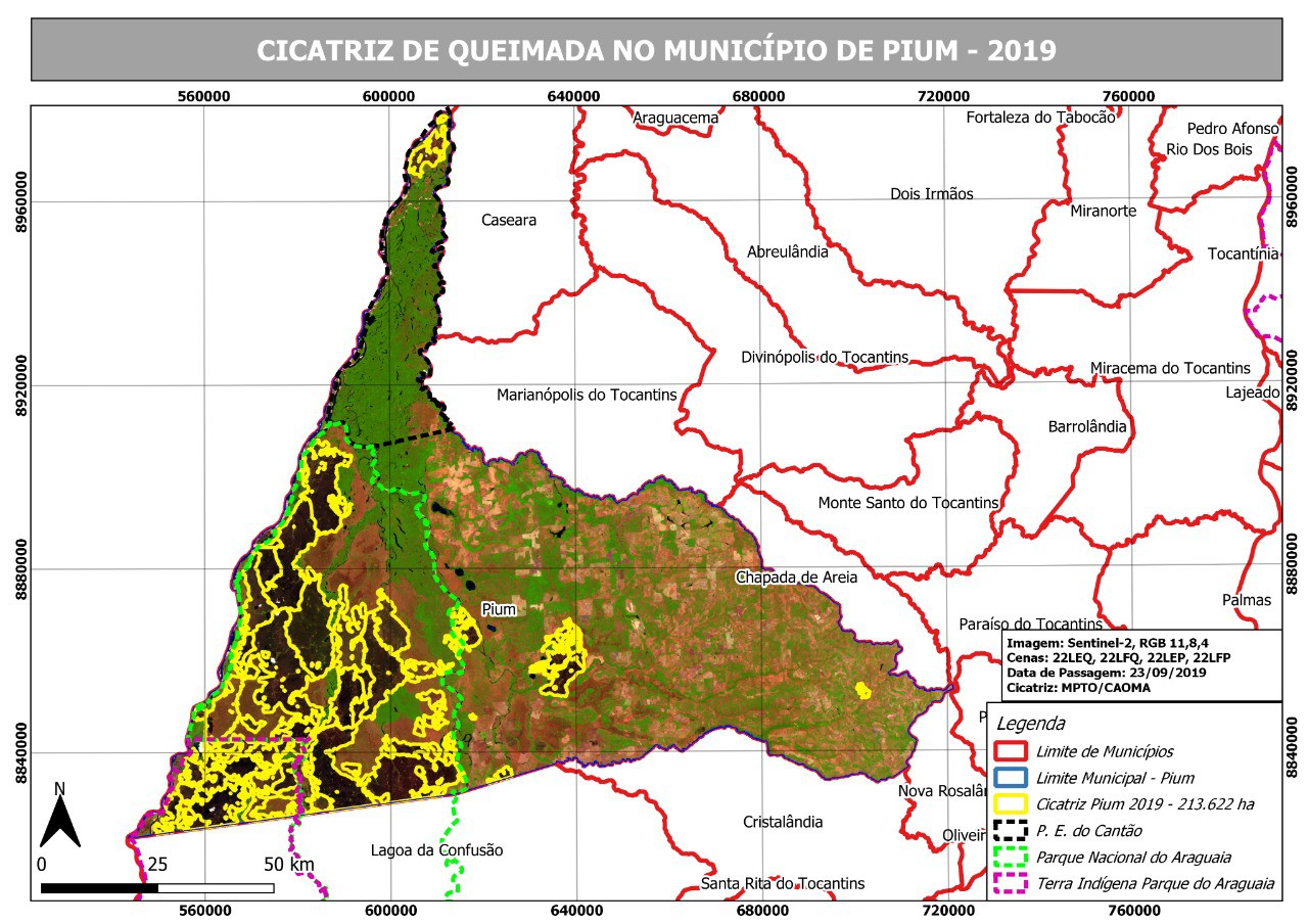Imagem de satélite de Pium, com focos de fogo destacados em amaralo