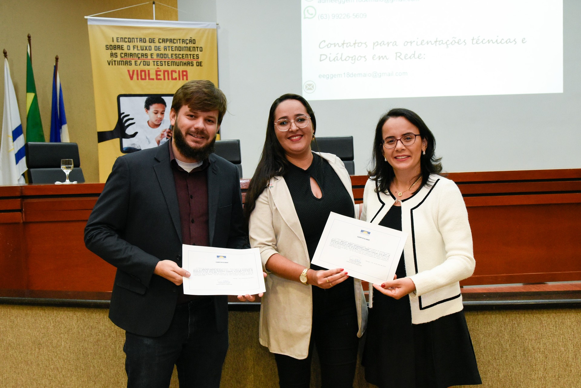 Psicólogo Vanilson Pereira da Silva, assistente social Marlucy Ramos Albuquerque Carmo e a promotora de Justiça Cynthia Assis de Paula, diretora do Cesaf-ESMP