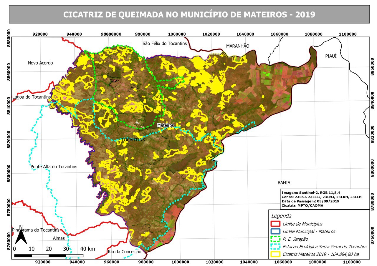 Imagem de satélite de Mateiros, com focos de fogo destacados em amaralo