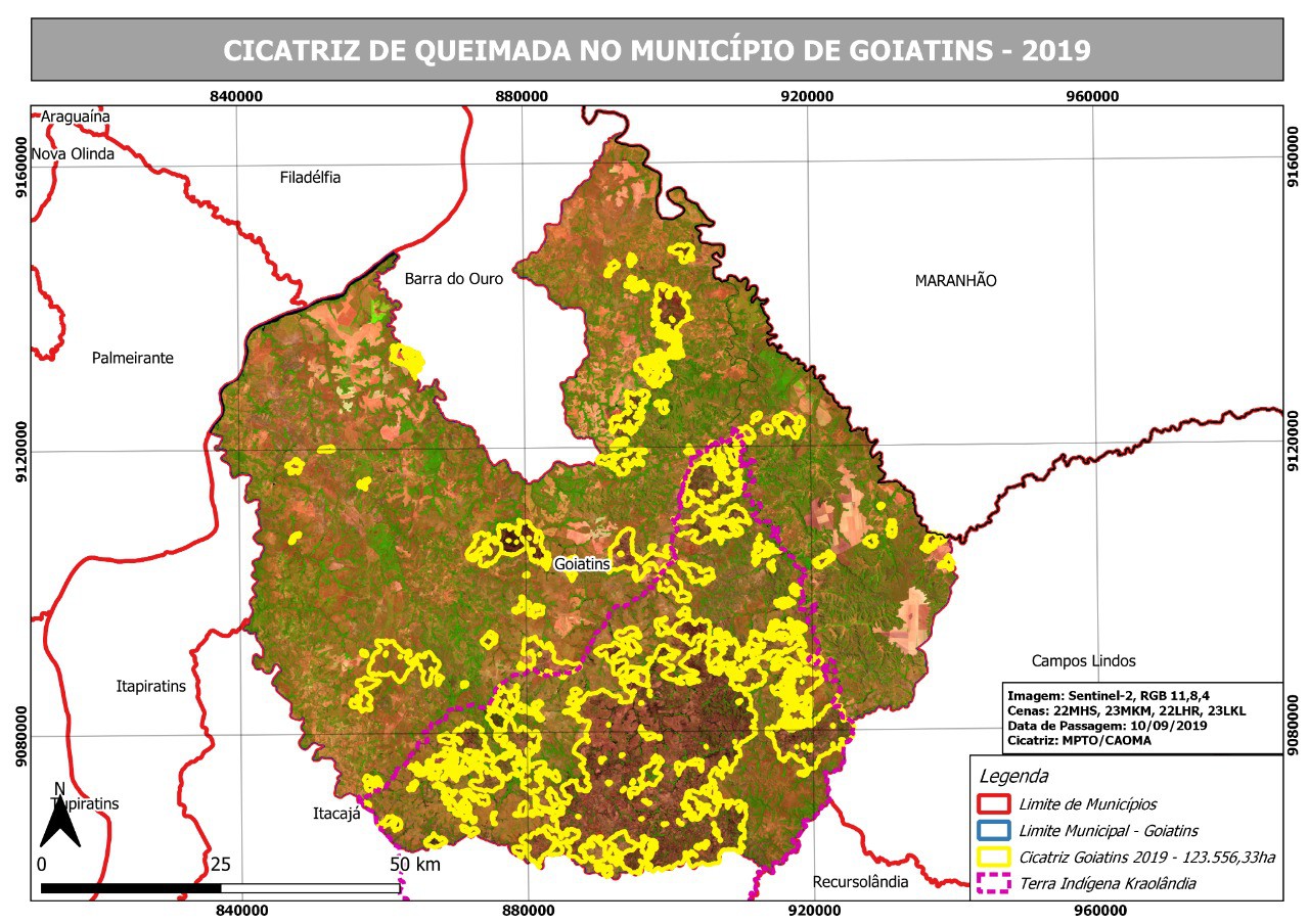 Imagem de satélite de Goiatins, com focos de fogo destacados em amaralo