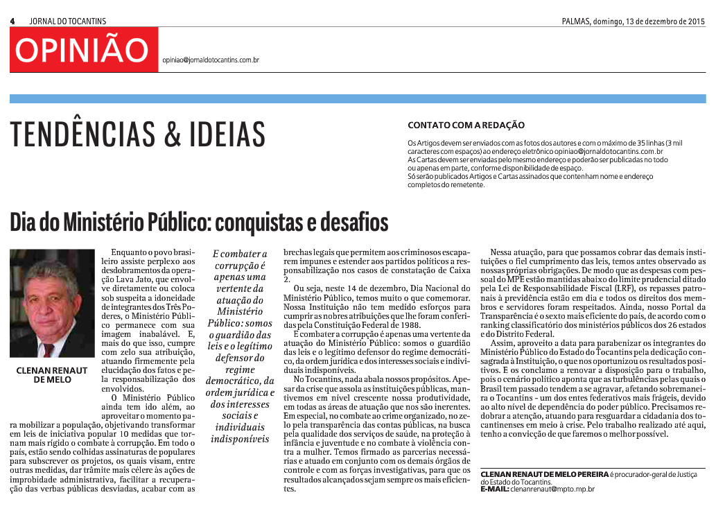 Texto em homenagem ao Dia do MP foi publicado neste domingo