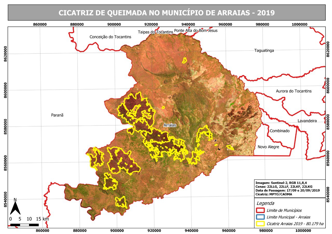 Imagem de satélite de Arraias, com focos de fogo destacados em amaralo