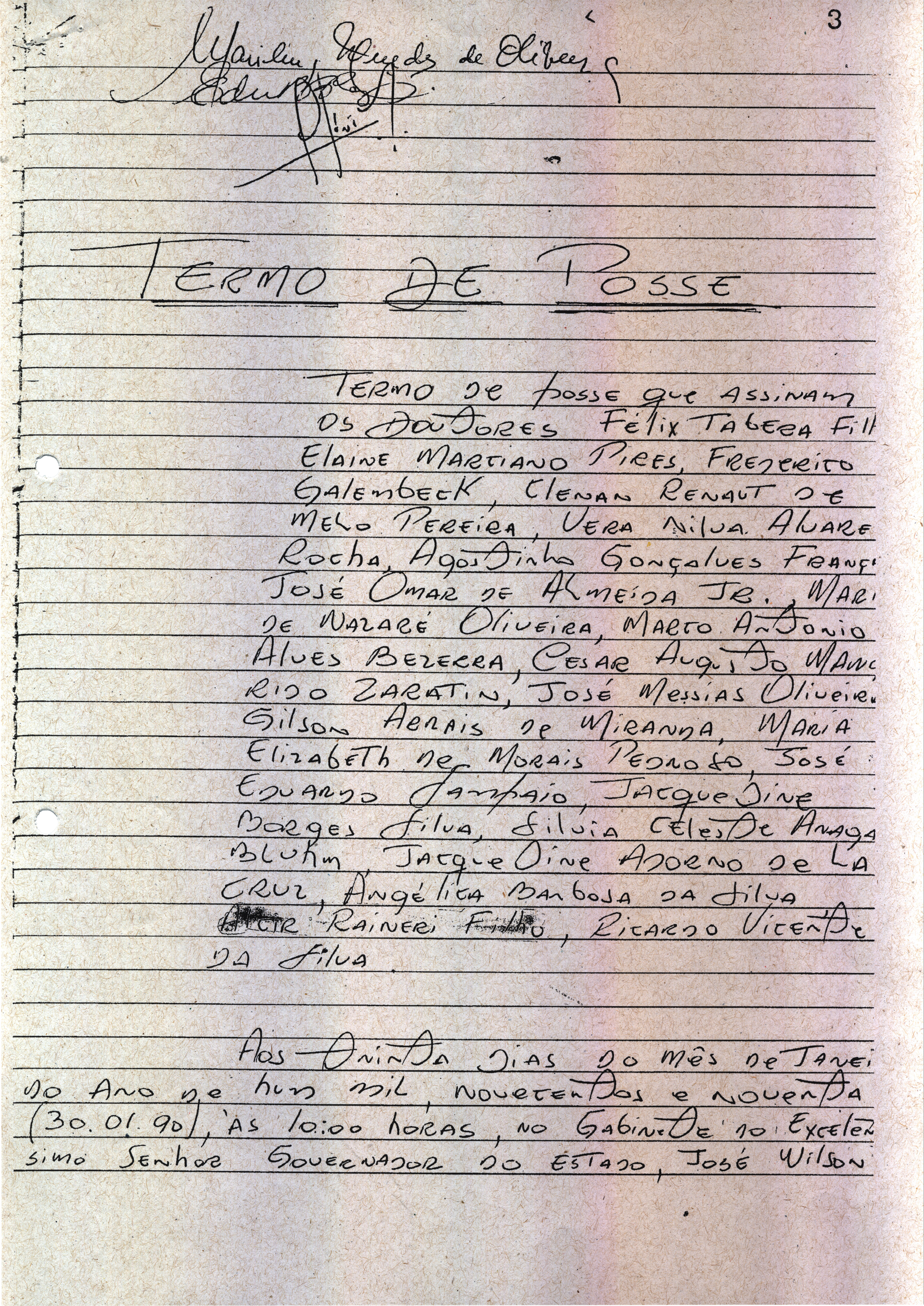 O ato de posse foi redigido à mão