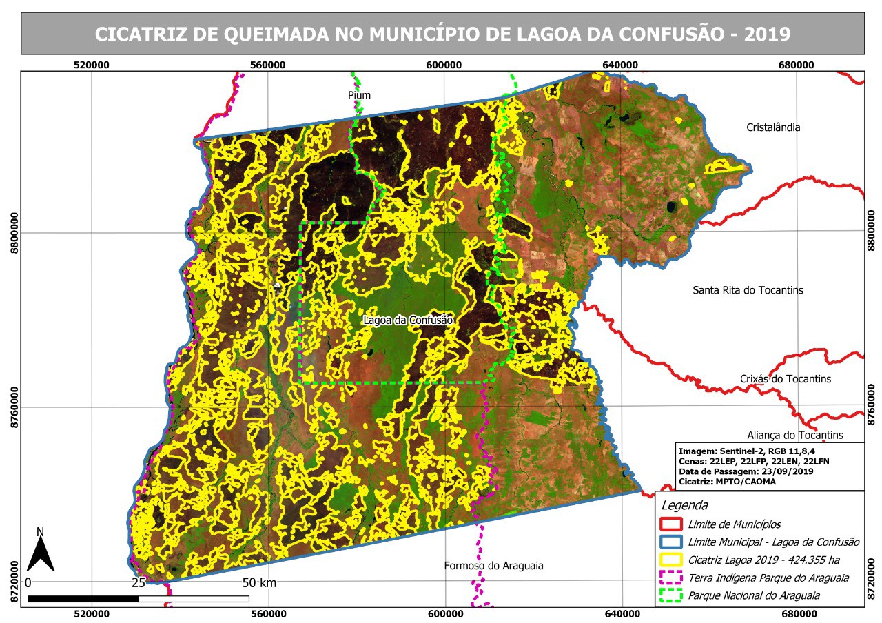 Imagem de satélite de Lagoa da Confusão, com focos de fogo destacados em amaralo