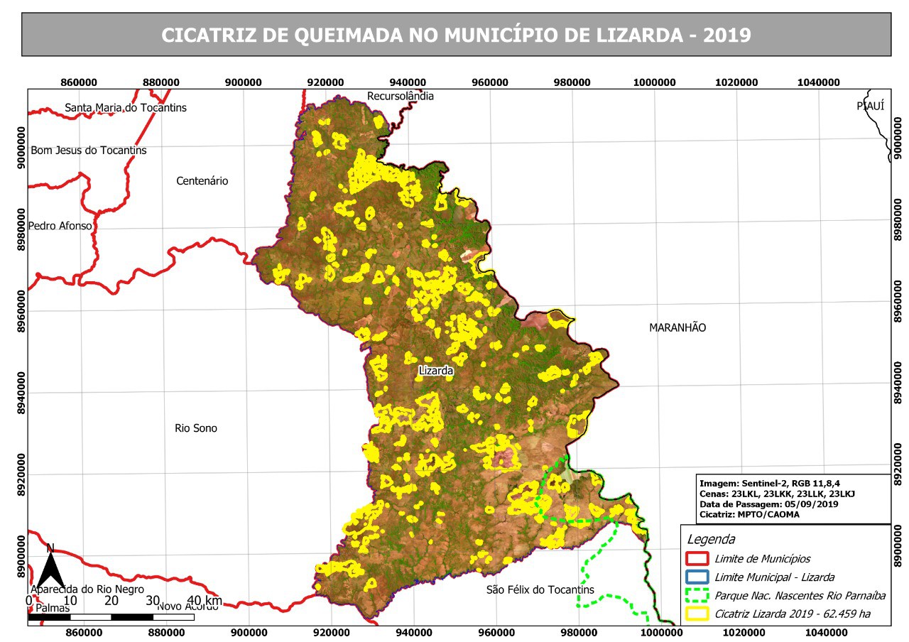 Imagem de satélite de Lizarda, com focos de fogo destacados em amaralo