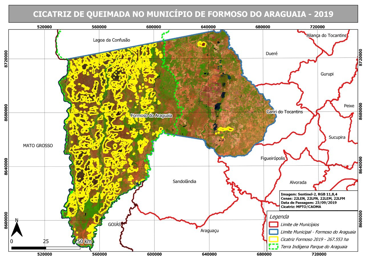 Imagem de satélite de Formoso do Araguaia, com focos de fogo destacados em amaralo