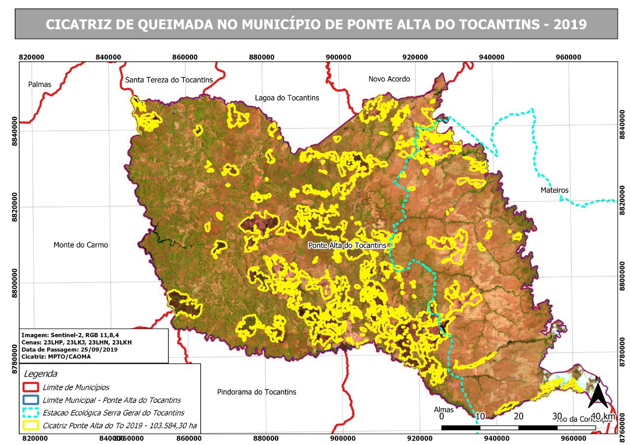 Imagem de satélite de Ponto Alta, com focos de fogo destacados em amaralo